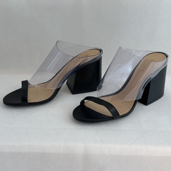 New in Box Schutz Raira Black Leather/Transparent Block Heel Slide Sandals - Picture 7 of 12